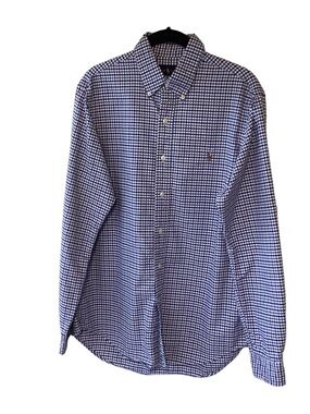 Ralph Lauren Navy White Gingham Button-Down Shirt M Brown Pony Office Casual
